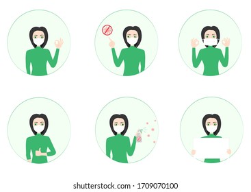 Woman wearing protective medical mask for prevent virus.Many gestures. Point, okay, put on mask, and thumbs up, 
splatter sanitizer, hold banner. Wearing a surgical. Vector cartoon stock illustration.