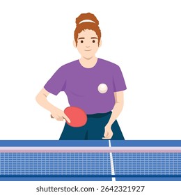 Woman wearing a purple shirt prepares to return a shot during a table tennis match. Flat vector illustration isolated on white background