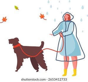 Mulher vestindo uma capa de chuva e botas de borracha andando com um cachorro marrom em uma coleira vermelha, curtindo a chuva enquanto as folhas coloridas do outono caem ao redor, criando uma atmosfera aconchegante ao ar livre