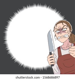 A woman wearing a red apron.She is furious with a knife in her hand.Along with the copy space.