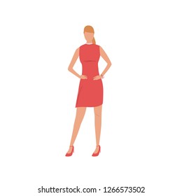 Woman wearing red dress flat icon. Girl, female, high heeled shoes. People concept. Vector illustration can be used for topics like age, occupation, lifestyle