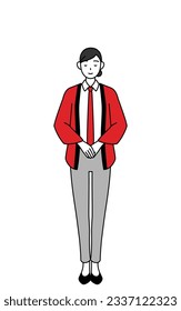 Woman wearing a red happi coat bowing with folded hands, Vector Illustration
