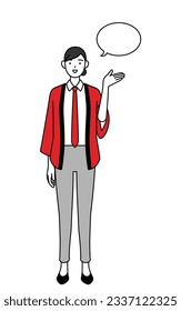 Woman wearing a red happi coat giving directions, with a wipeout, Vector Illustration