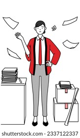 Woman wearing a red happi coat who is fed up with her unorganized business, Vector Illustration