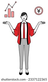 Woman wearing a red happi coat guiding an image of DX, performance and sales improvement, Vector Illustration