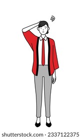 Woman wearing a red happi coat scratching her head in distress, Vector Illustration