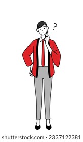 Woman wearing a red happi coat nodding her head in question, Vector Illustration