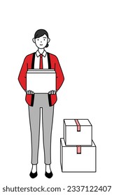 Woman wearing a red happi coat working to carry cardboard boxes, Vector Illustration