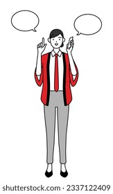 Woman wearing a red happi coat pointing while on the phone, Vector Illustration