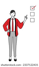 Woman wearing a red happi coat pointing to a checklist, Vector Illustration