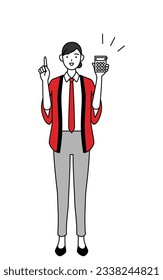 Woman wearing a red happi coat holding a calculator and pointing, Vector Illustration
