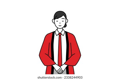 Woman wearing a red happi coat bowing with folded hands, Vector Illustration
