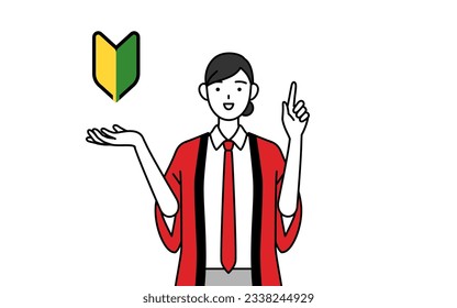 Woman wearing a red happi coat showing the symbol for young leaves, Vector Illustration