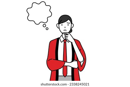 Woman wearing a red happi coat thinking while scratching her face, Vector Illustration