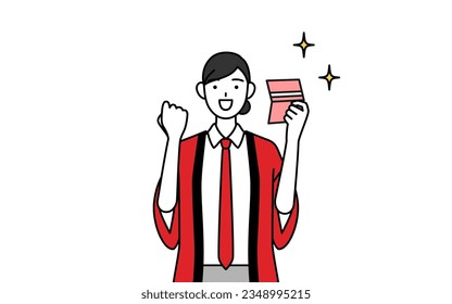 Woman wearing a red happi coat who is pleased to see a bankbook, Vector Illustration