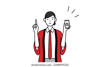 Woman wearing a red happi coat taking security measures for her phone, Vector Illustration