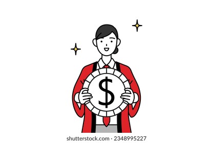 Woman wearing a red happi coat with images of foreign exchange gains and dollar appreciation, Vector Illustration