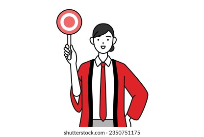 Woman wearing a red happi coat holding a maru placard that shows the correct answer, Vector Illustration