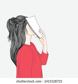 A Woman Wearing A Red Shirt, Standing Reading A Book And She Is Resting Her Eyes,Doodle Art Concept,illustration Painting