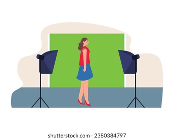 Woman wearing a red short t-shirt and blue skirt is shooting with a green screen and lights, a scene in a film. Character design. Vector flat illustration