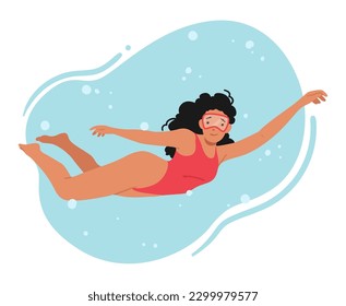 Woman Wearing Red Swimsuit Diving. female Character Confidently Swimming, Gracefully Gliding, Enjoying The Sensation Of Water On Skin, Embracing Freedom Of Movement. Cartoon People Vector Illustration