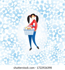 A woman wearing respirator and rubber gloves holds shopping basket with variety of products and using her mobile smart phone.Shopping during pandemic.Seamless background of dangerous of Covid-19. 