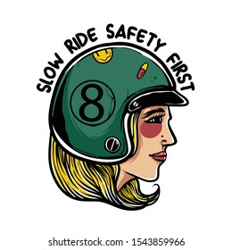 Woman wearing retro helmet illustration. Woman rider. Slow ride, safety first. motorcycles vector illustration