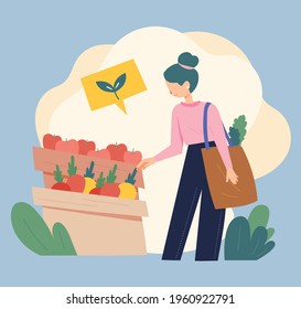 A woman is wearing a reusable bag instead of a plastic bag and shopping at a local food market that is fresh rather than packaged food. flat design style minimal vector illustration.