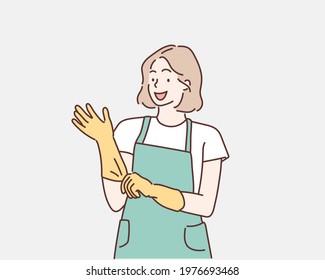 woman wearing rubber gloves. cleaner housewife worker lifestyle concept. Hand drawn style vector design illustrations.