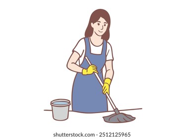 woman wearing rubber gloves. cleaner housewife By mop. Hand drawn style vector design illustrations.