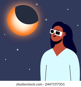 Woman wearing safety glasses watch a partial solar eclipse