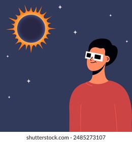 Woman wearing safety glasses watch a solar eclipse. Vector illustration