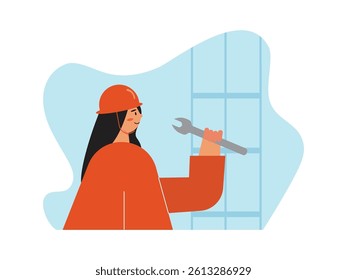Woman wearing safety helmet holding key tool, constructing building. Design character. Vector flat illustration