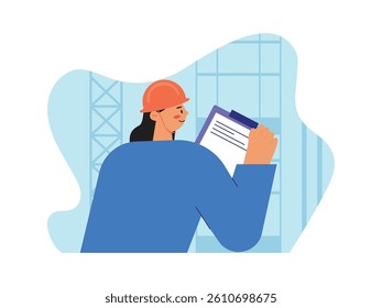 Woman wearing safety helmet, professional development construction. Design character. Vector flat illustration