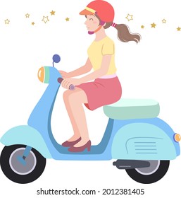 A woman wearing a safety helmet and riding a motorcycle happily