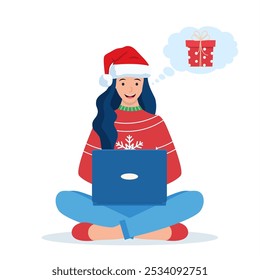 Woman wearing Santa Claus hat sitting on the floor choosing Christmas gifts with laptop. Online sale. Preparing to Christmas holidays. Vector illustration in flat style