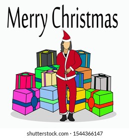 a woman wearing a Santa Claus suit brings a lot of gifts
