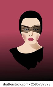 A woman wearing a see-through blindfold is featured.