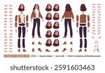 Woman wearing shearling coat jacket DIY character creation set. Winter, autumn lady, bundle, female model body figure parts. Head, leg, hand gestures, emotions, construction kit. Vector illustration