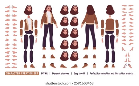 Woman wearing shearling coat jacket DIY character creation set. Winter, autumn lady, bundle, female model body figure parts. Head, leg, hand gestures, emotions, construction kit. Vector illustration