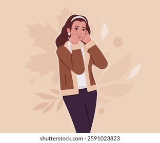 Woman wearing shearling warm coat jacket surprised mood pose. Cold winter comfort fall season attractive lady city daily life. Vector flat style cartoon illustration, autumn leaves creative background
