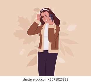 Woman wearing shearling warm coat jacket, anger phone call. Cold winter comfort, fall season attractive lady city daily life. Vector flat style cartoon illustration, autumn leaves creative background