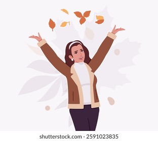 Woman wearing shearling warm coat jacket throwing leaf pose. Cold winter comfort, fall season attractive lady city daily life. Vector flat style cartoon illustration, autumn leaves creative background