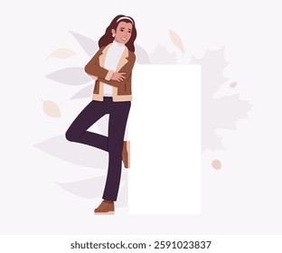 Woman wearing shearling warm coat jacket empty banner lean pose. Cold winter comfort, fall season attractive lady city life. Vector flat style cartoon illustration, autumn leaves creative background