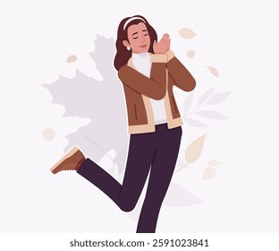 Woman wearing shearling warm coat jacket romantic pose. Cold winter comfort, fall season attractive lady city daily life. Vector flat style cartoon illustration, autumn leaves creative background