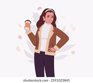 Woman wearing shearling warm coat jacket coffee hold pose. Cold winter comfort, fall season attractive lady city daily life. Vector flat style cartoon illustration, autumn leaves creative background
