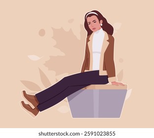 Woman wearing shearling warm coat jacket sitting rest pose. Cold winter comfort, fall season attractive lady city daily life. Vector flat style cartoon illustration, autumn leaves creative background