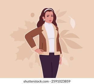Woman wearing shearling warm coat jacket standing pose. Cold winter comfort, fall season attractive lady city daily life. Vector flat style cartoon illustration, autumn leaves creative background