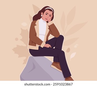 Woman wearing shearling warm coat jacket stone sitting pose. Cold winter comfort, fall season attractive lady city daily life. Vector flat style cartoon illustration, autumn leaves creative background
