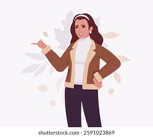Woman wearing shearling warm coat jacket, pointing pose. Cold winter comfort, fall season attractive lady city daily life. Vector flat style cartoon illustration, autumn leaves creative background